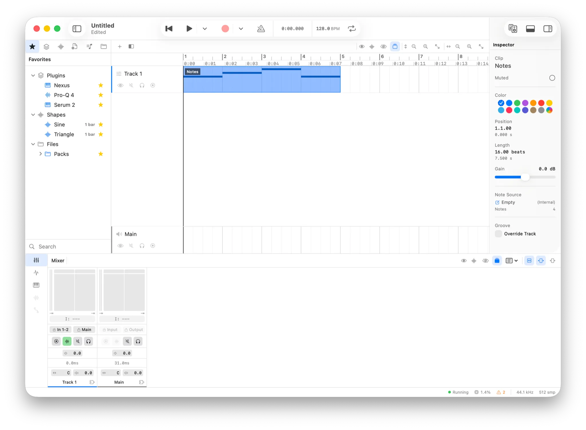 Neutral Tracks — arrangement view with browser, tracks, mixer, and inspector